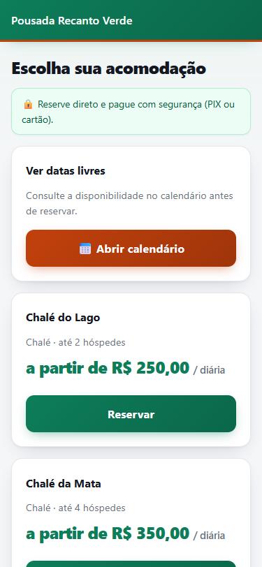 Página de reserva que o hóspede vê, com as acomodações